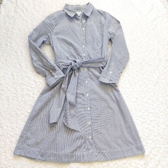 Shirt Dress Tie Waist Cotton Poplin White Denim Stripe - Size 8 - Picture 2 of 9